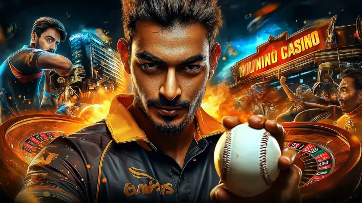 একটি তীব্র ক্রিকেট খেলোয়াড় একটি ক্রিকেট বল ধরেছেন, এটি একটি জটিল ছবিতে মিশে যায় যেখানে স্পোর্টস স্টেডিয়াম ও jay9 গেমিং প্ল্যাটফর্মের উজ্জ্বল নিয়ন-আলোকিত পরিবেশ একসাথে মিলেছে।