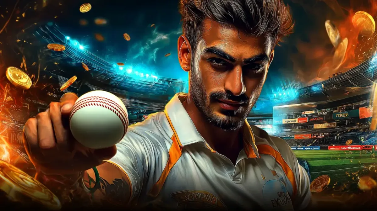 A focused and intense male cricket player holds up a cricket ball in a packed stadium, promoting the exciting world of cricket betting at jay9. Gold coins and fire effects add to the drama.
