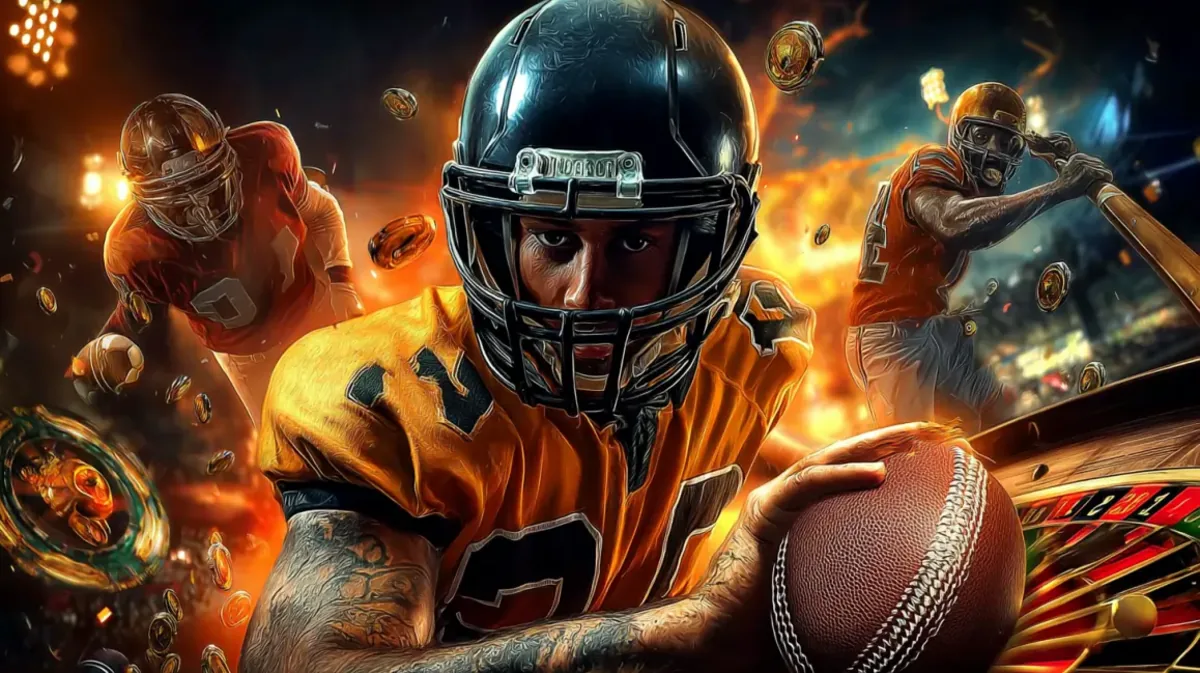 A dynamic collage for sports betting at jay9, featuring an American football player in the foreground, with baseball and football players in action behind him.